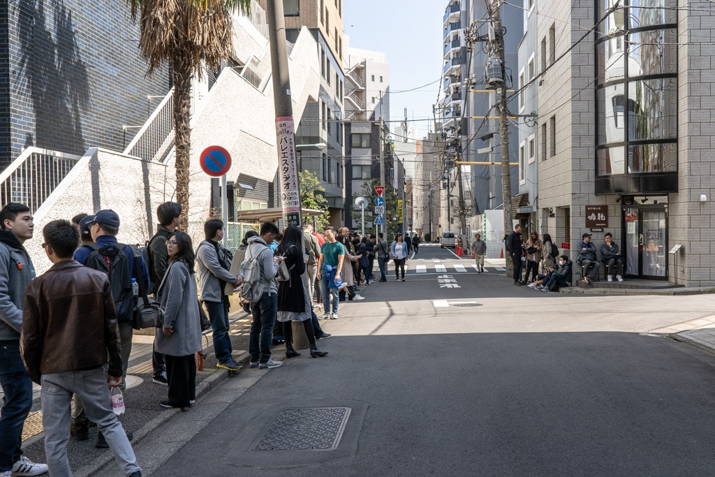 The line out front of Nakiryu 30 minutes before opening, Tokyo, Japan