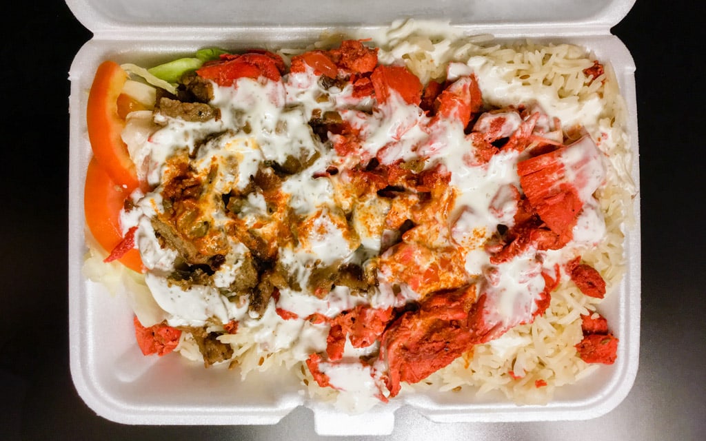 The massive Combo Rice Platter, Mediterranean Halal Food, Baltimore, Maryland