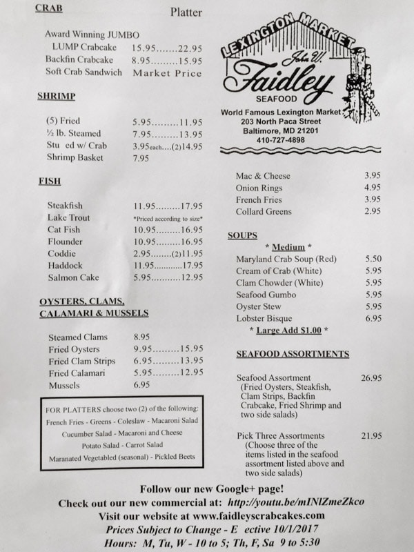 The menu at Faidley's Seafood, Baltimore, Maryland