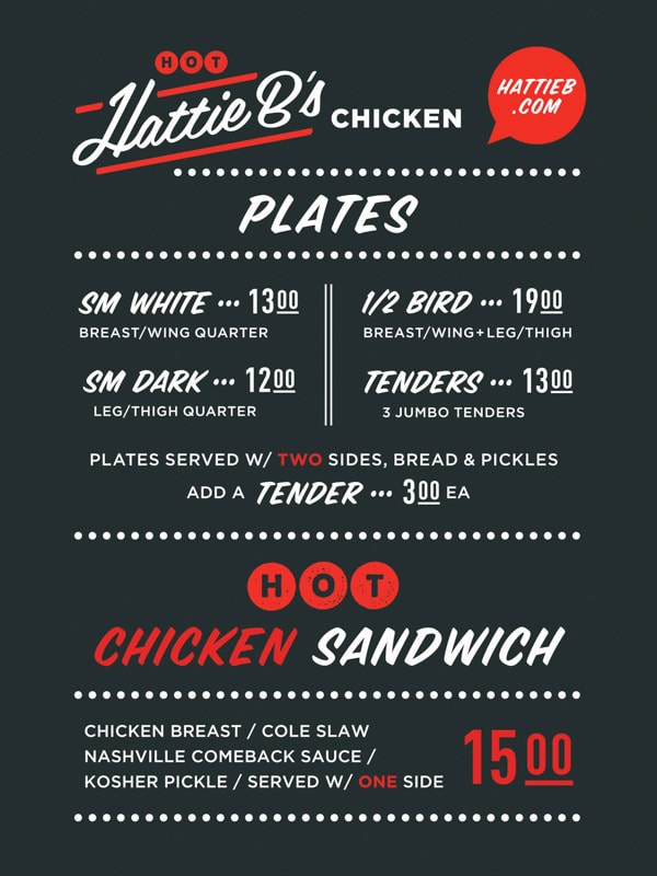 The simple menu at Hattie B’s Hot Chicken, Las Vegas, Nevada