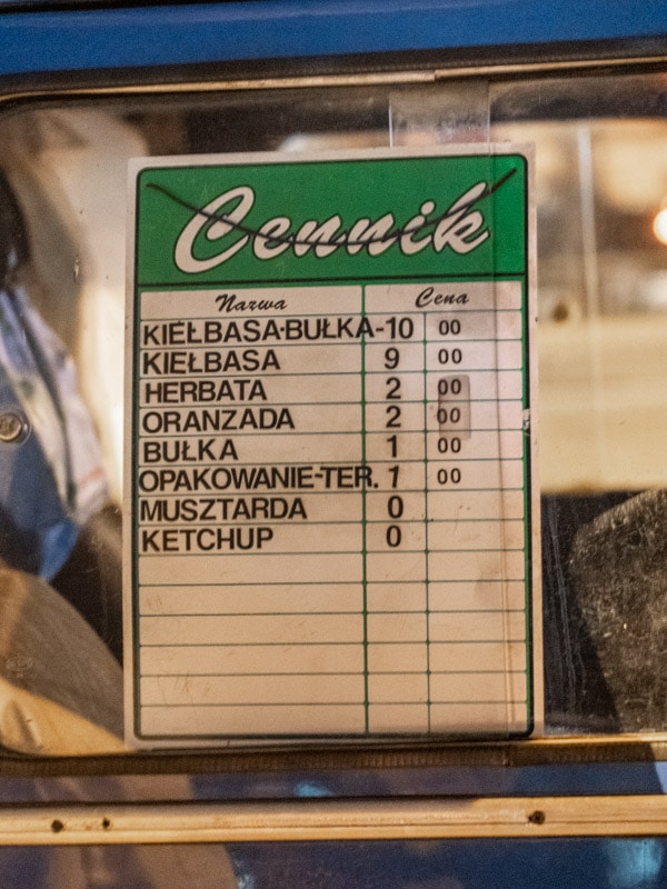 The menu at the Blue Nysa Van (Kiełbaski z Niebieskiej Nyski), Kraków, Poland