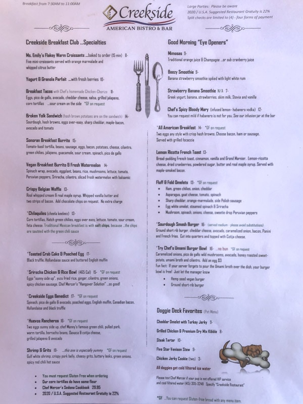 The first page of the breakfast menu at Creekside American Bistro, Sedona, Arizona