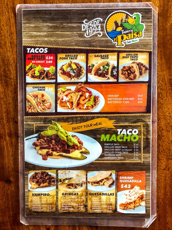 The taco menu at Taqueria El Paisa