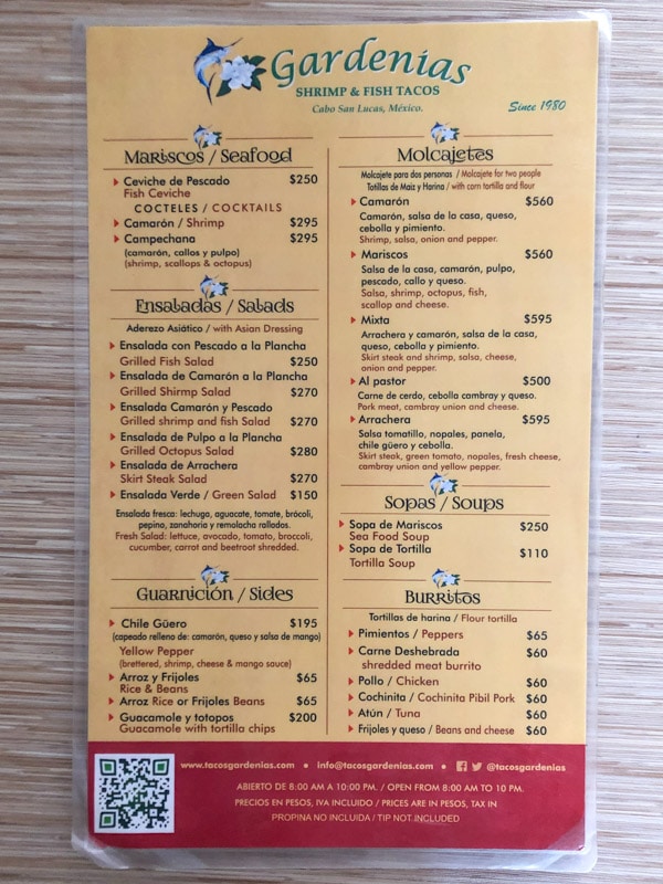 Second side of the Tacos Gardenias menu