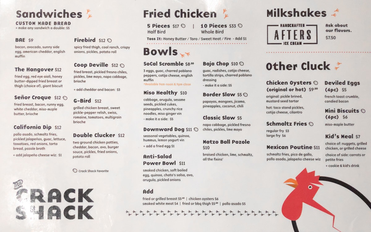 The menu at The Crack Shack