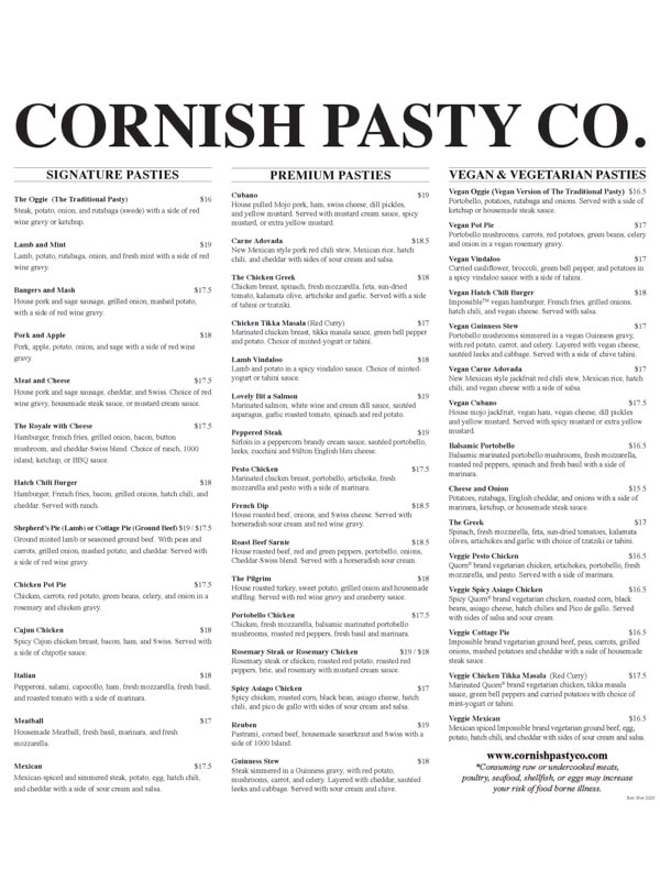 The menu at Cornish Pasty Co., Tempe, Arizona