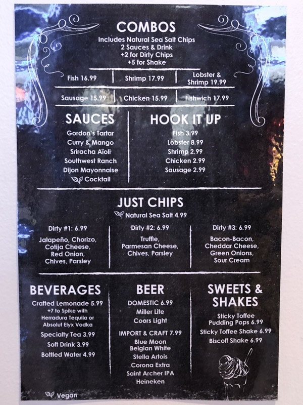 The menu at Gordon Ramsay Fish & Chips