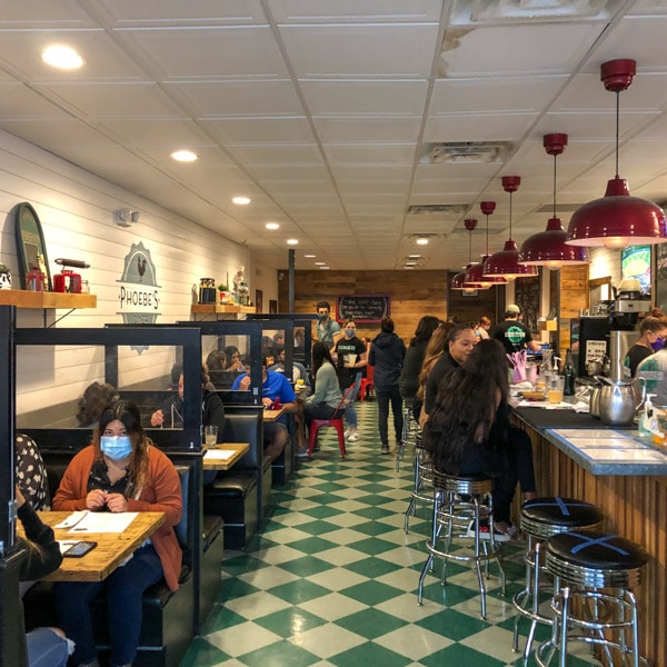 Narrow interior of Phoebe’s Diner