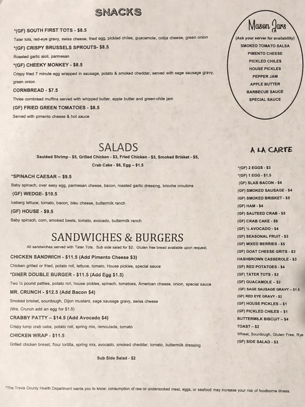 Lunch menu, Phoebe’s Diner, Austin, Texas