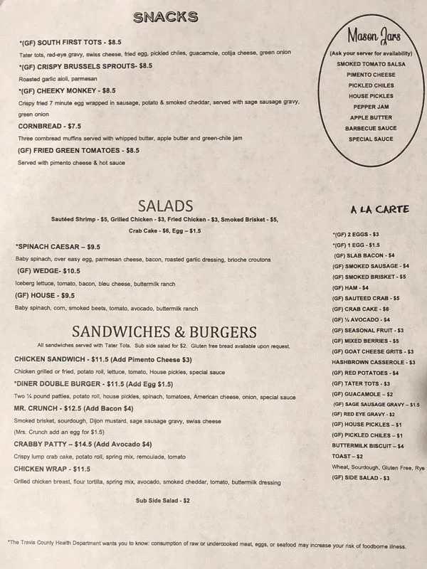 Lunch menu, Phoebe's Diner, Austin, Texas