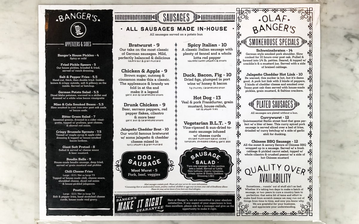 The menu at Banger's Sausage House & Beer Garden in Austin, Texas