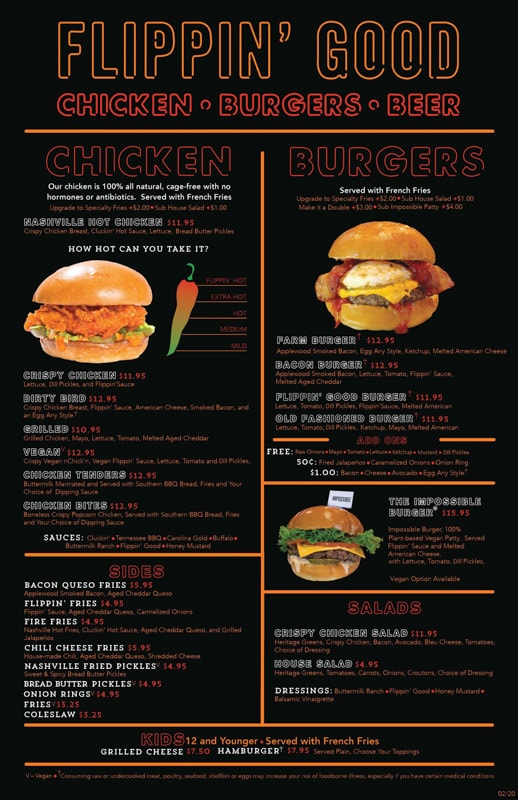 The menu at Flippin' Good Chicken, Burgers, Beer in Las Vegas, Nevada
