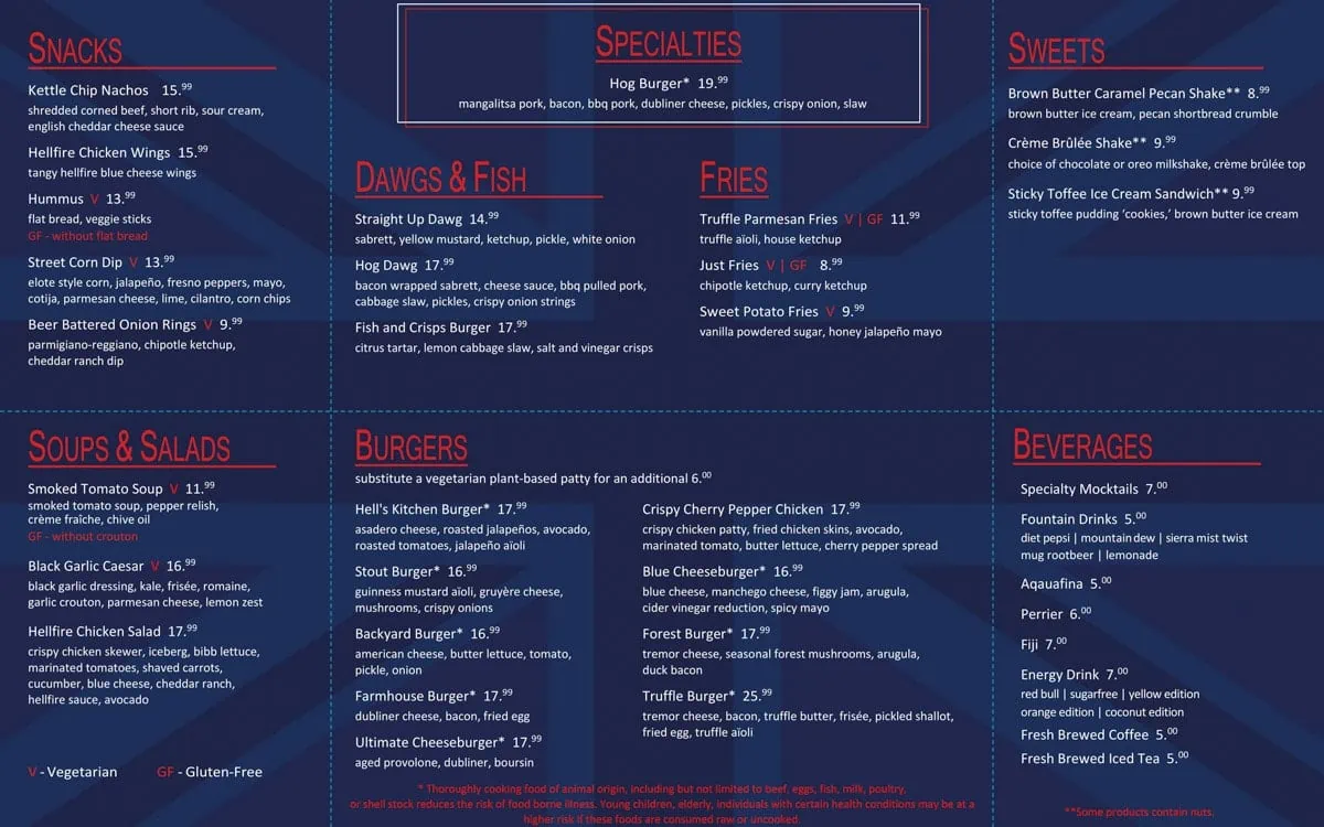 The menu at Gordon Ramsay Burger