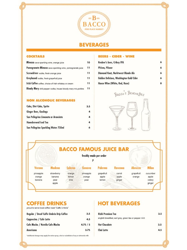 Beverages menu, Bacco Cafe, Seattle
