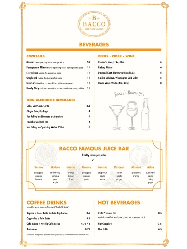 Beverages menu, Bacco Cafe, Seattle