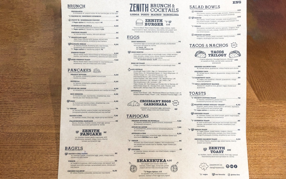 The menu at Zenith Brunch & Cocktails, Lisbon, Portugal
