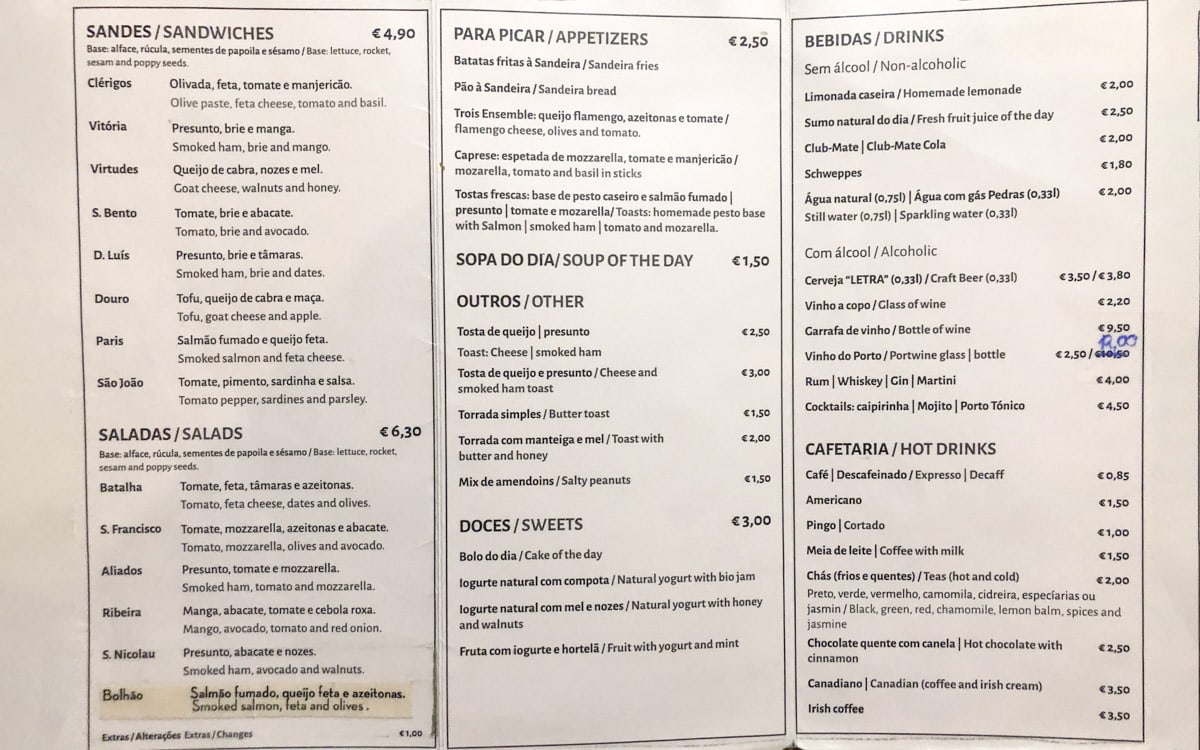 The menu at A Sandeira do Porto, Portugal