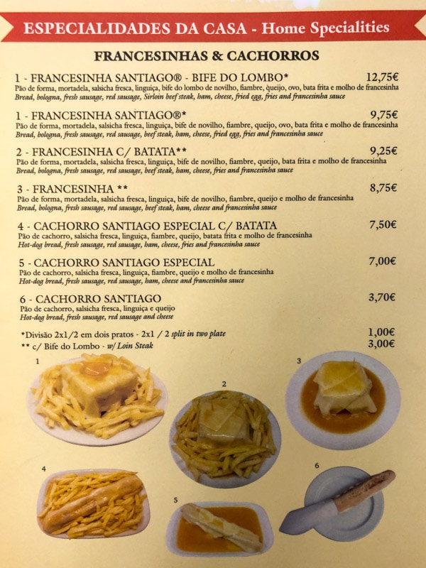 The menu at Café Santiago, Porto, Portugal