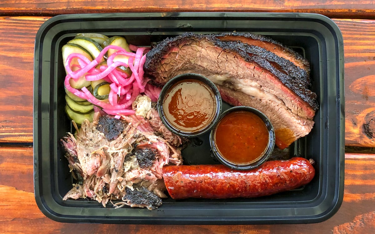 The colorful BBQ Plate of brisket, pulled pork, and sausage, Matt's BBQ, Portland, Oregon