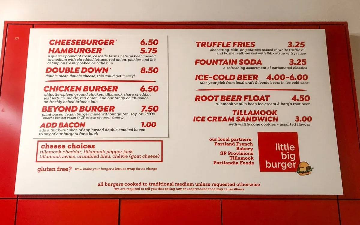 The menu at Little Big Burger, Portland, Oregon