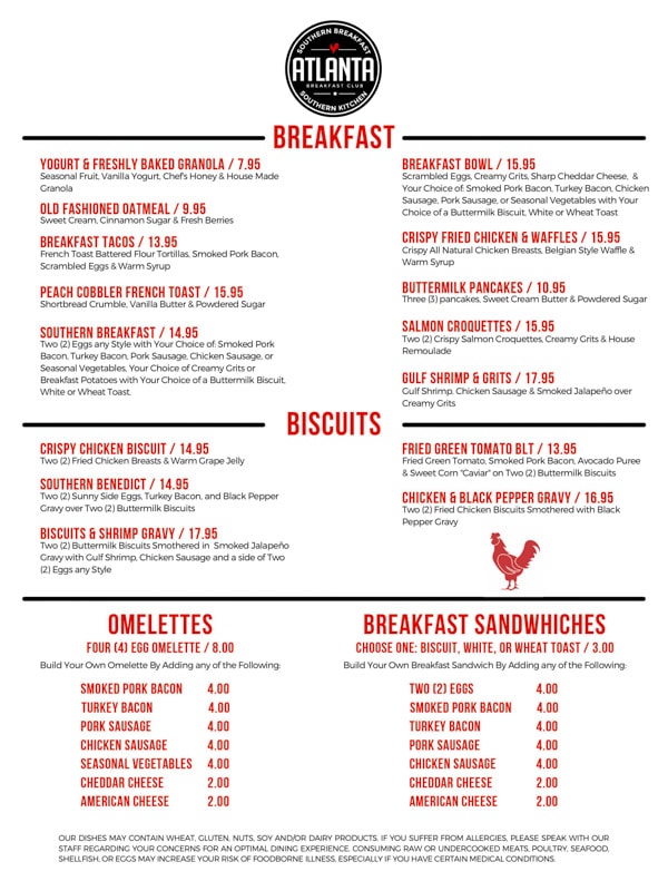 The breakfast menu at Atlanta Breakfast Club, Atlanta, Georgia