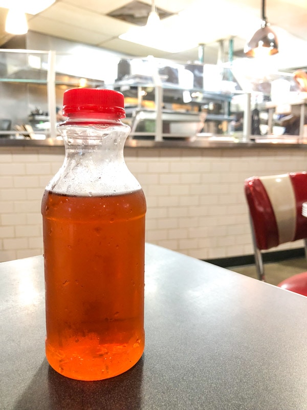 Iced Tea, and all drinks, served in single use plastic bottles, Atlanta Breakfast Club, Atlanta, Georgia
