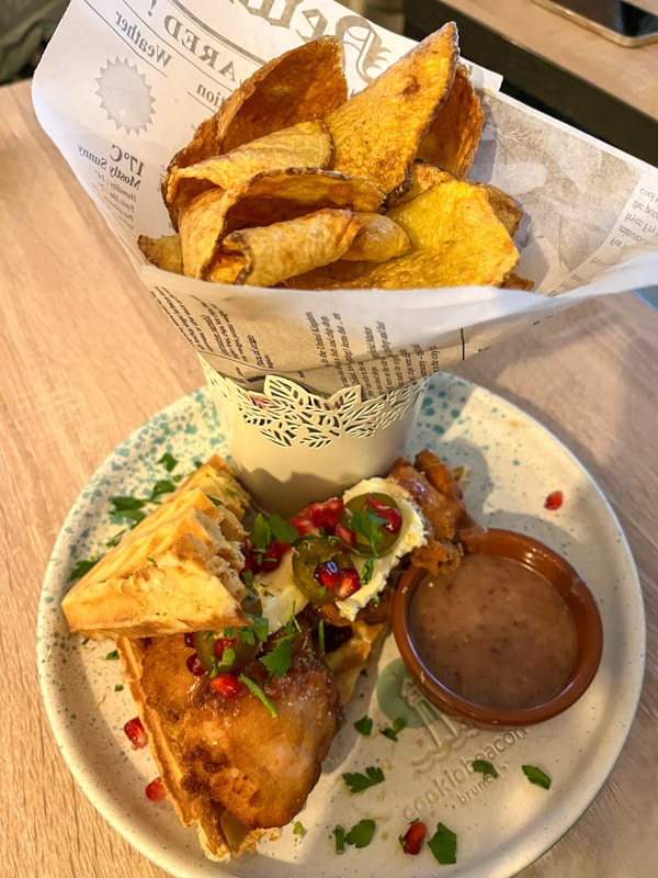 Chicken & Waffles with a side of potato chips, Cookie Beacon, Budapest, Hungary