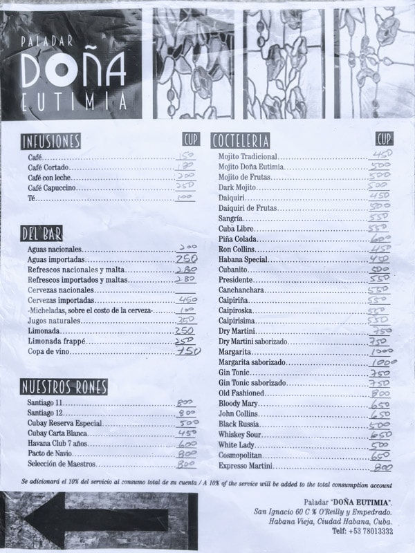 Second page dedicated to drinks, Doña Eutimia, Havana, Cuba