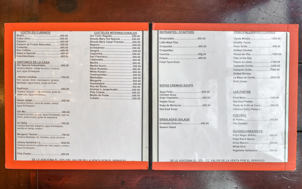 The first page of the menu at O'Reilly 304, Havana, Cuba