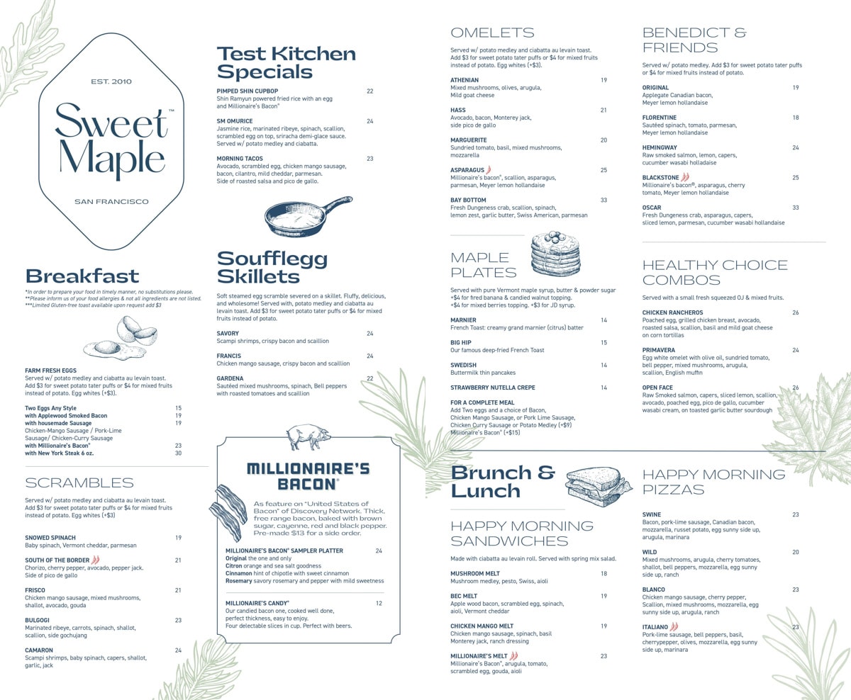The first page of the menu at Sweet Maple, San Francisco, California