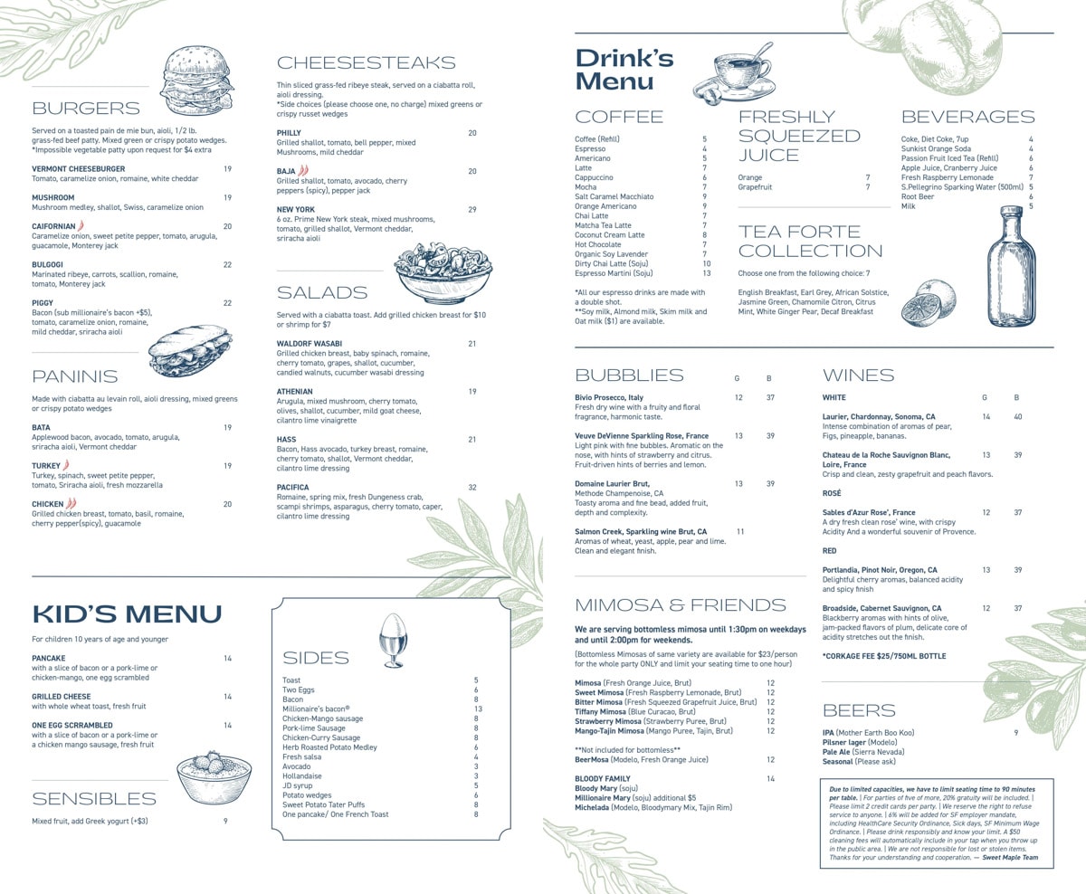 The second page of the menu, Sweet Maple, San Francisco, California