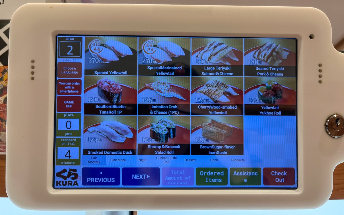 The menu at Kura Sushi found on a tablet, Osaka, Japan