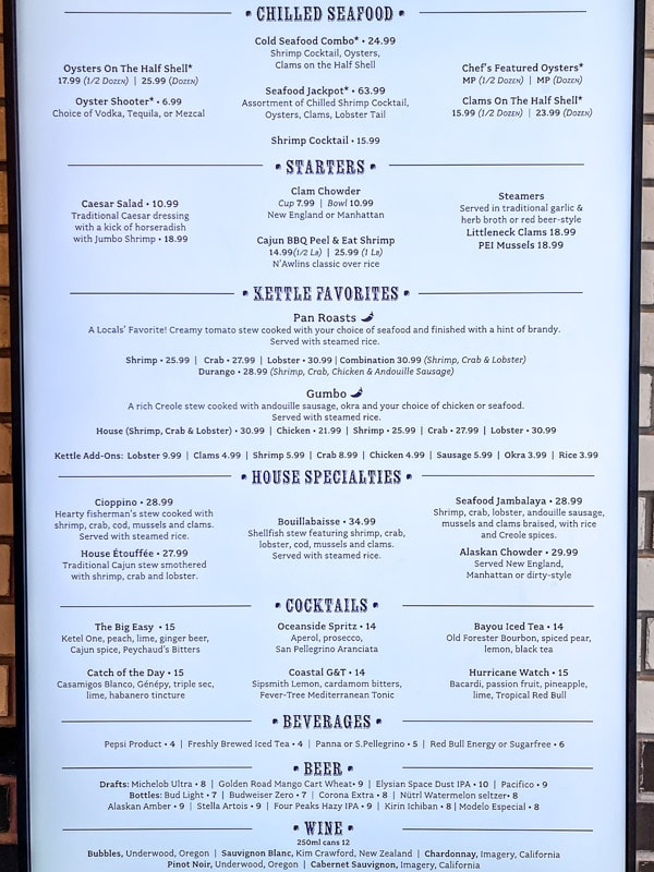 The menu at Oyster Bar at Durango Resort, Las Vegas, Nevada