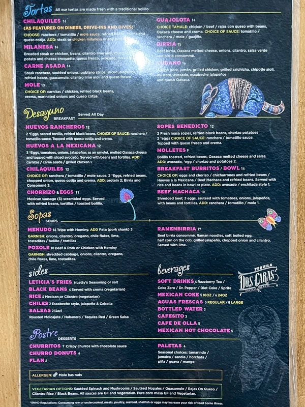 The first page of the menu at Letty's de Leticia's Cocina, Las Vegas, Nevada