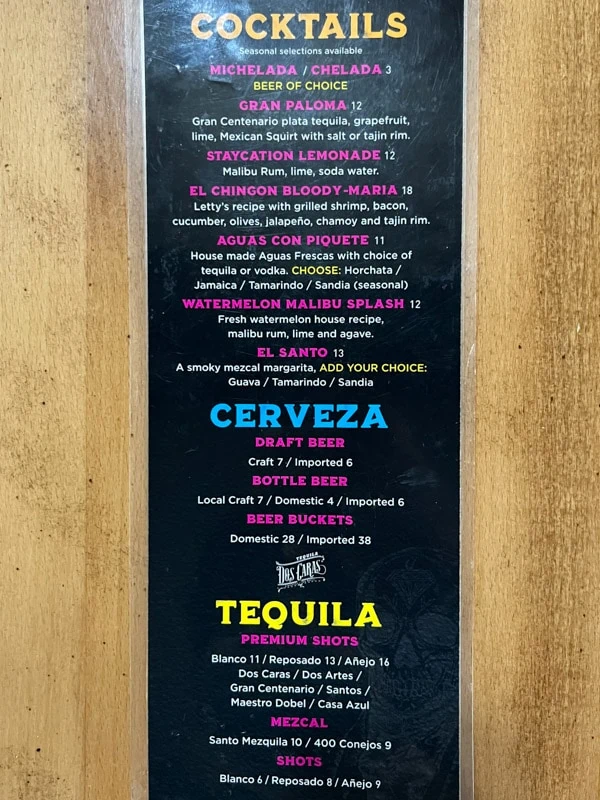 The drink menu, Letty's de Leticia's Cocina, Las Vegas, Nevada