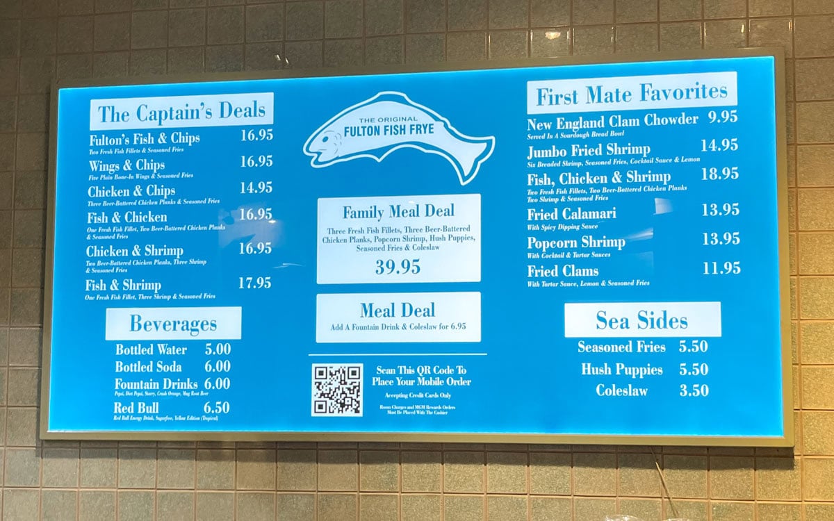 The menu at Fulton Fish Frye, Las Vegas, Nevada