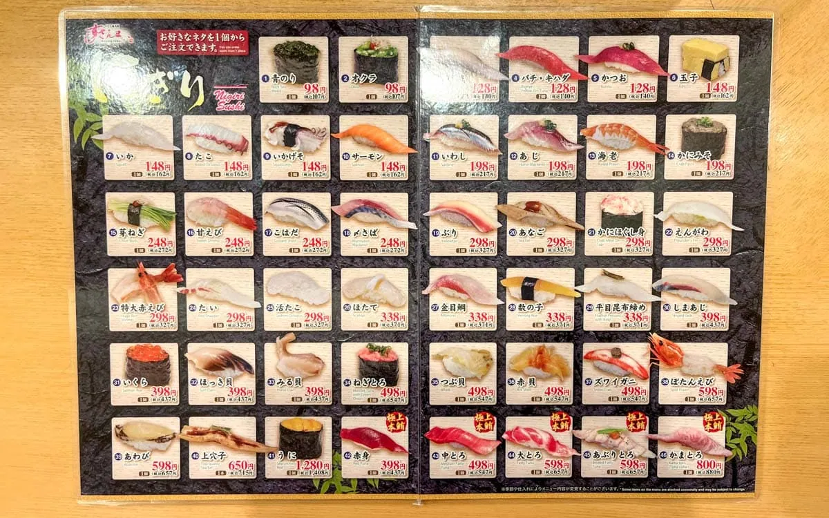 First page of the menu at Sushi Zanmai Higashi Shinjuku