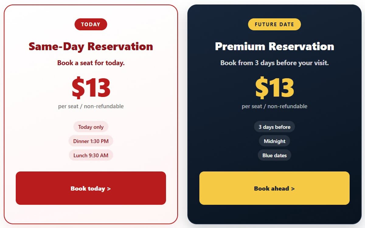 Kichi Kichi Same-Day and Premium Reservation options showing the $13 booking charge